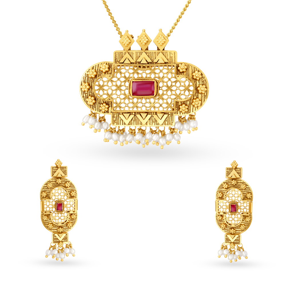 Geometric Intricate Pendant and Earrings Set