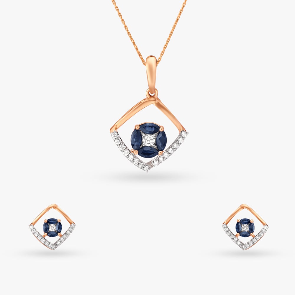 Striking Geometric Diamond and Sapphire Pendant and Earrings Set,,hi-res image number null