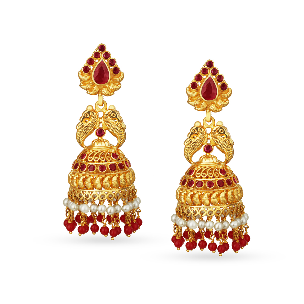 Opulent Gold Jhumkas with Pearls and Rubies,,hi-res image number null