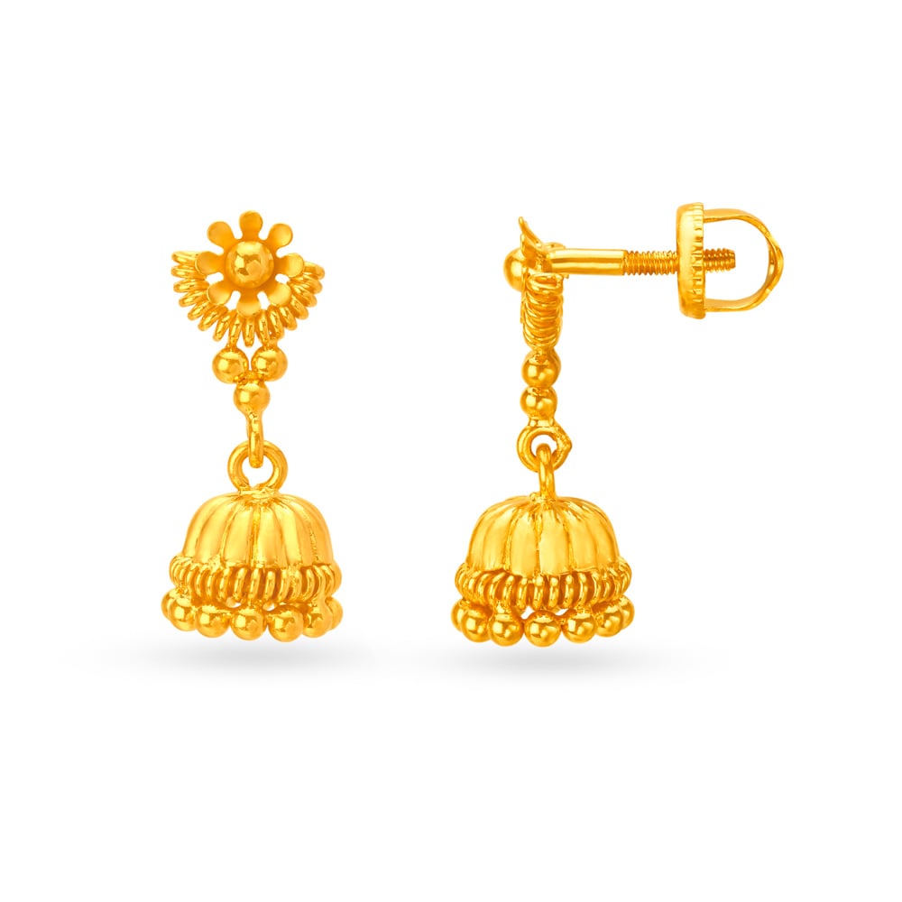 Traditional 22 Karat Yellow Gold Beaded Floral Jhumkas,,hi-res image number null