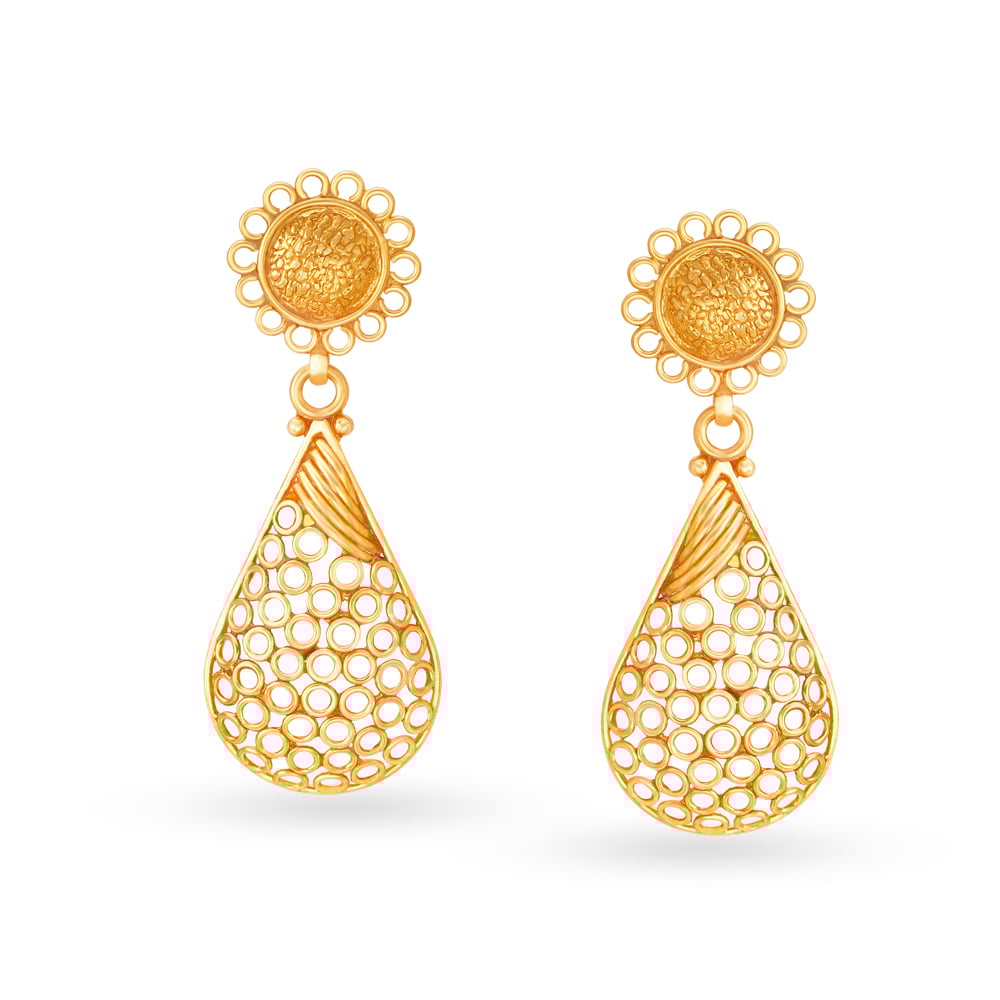 Teardrop Pattern Gold Drop Earrings with Rava Work,,hi-res image number null