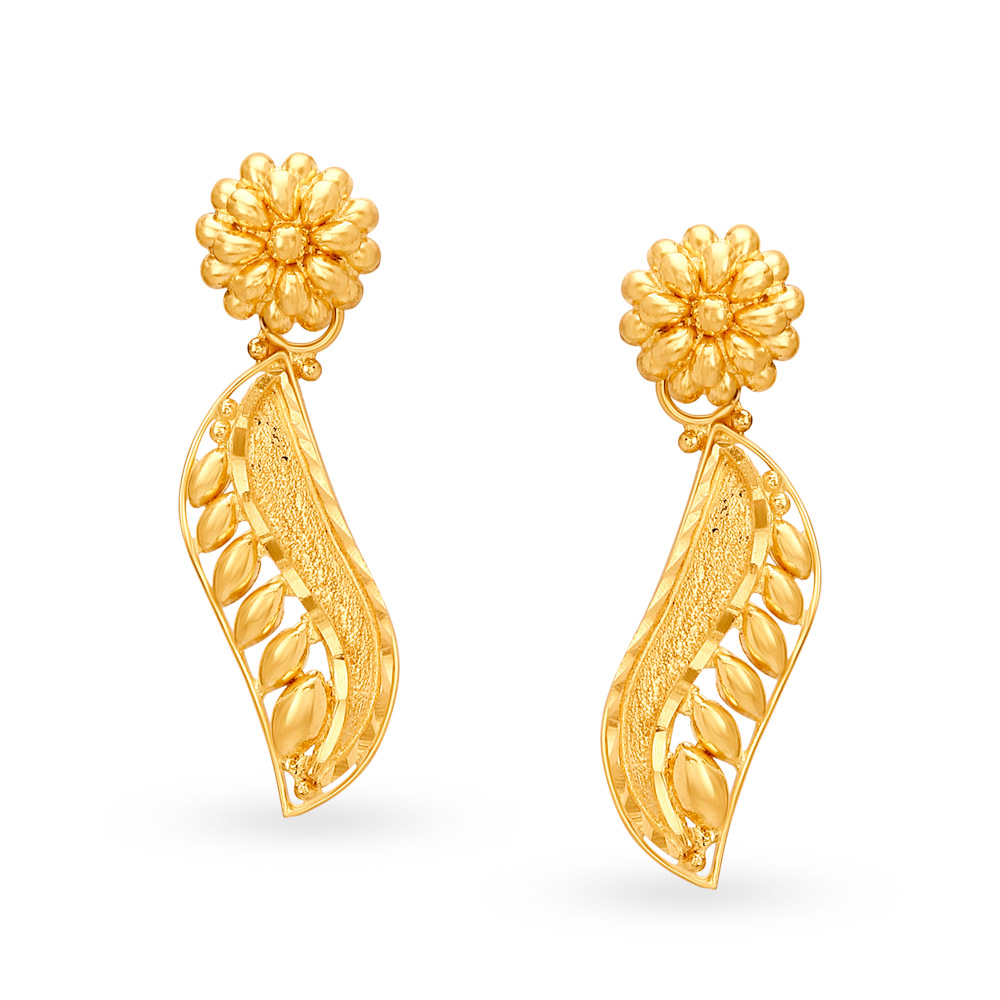 Gleaming 22 Karat Yellow Gold Floral Drop Earrings