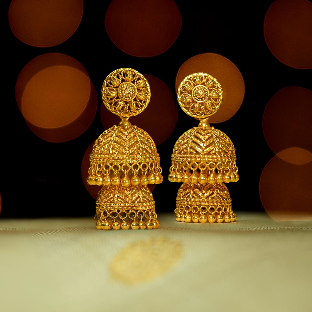 Enchanting 22 Karat Yellow Gold Filigree Tiered Jhumkas