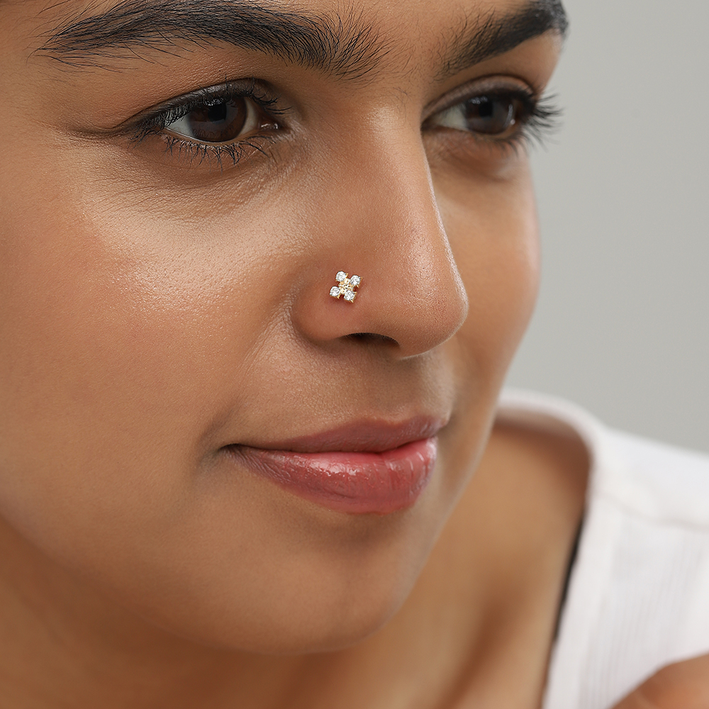 Squared Sparkle Gold and Diamond Nose Pin,,hi-res image number null