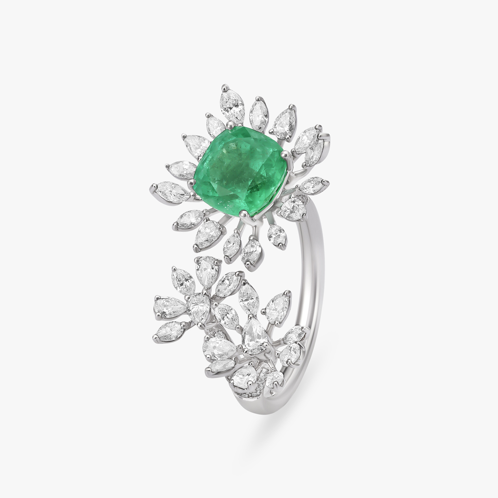 Elegant Emerald and Dazzling Diamond Floral Finger Ring