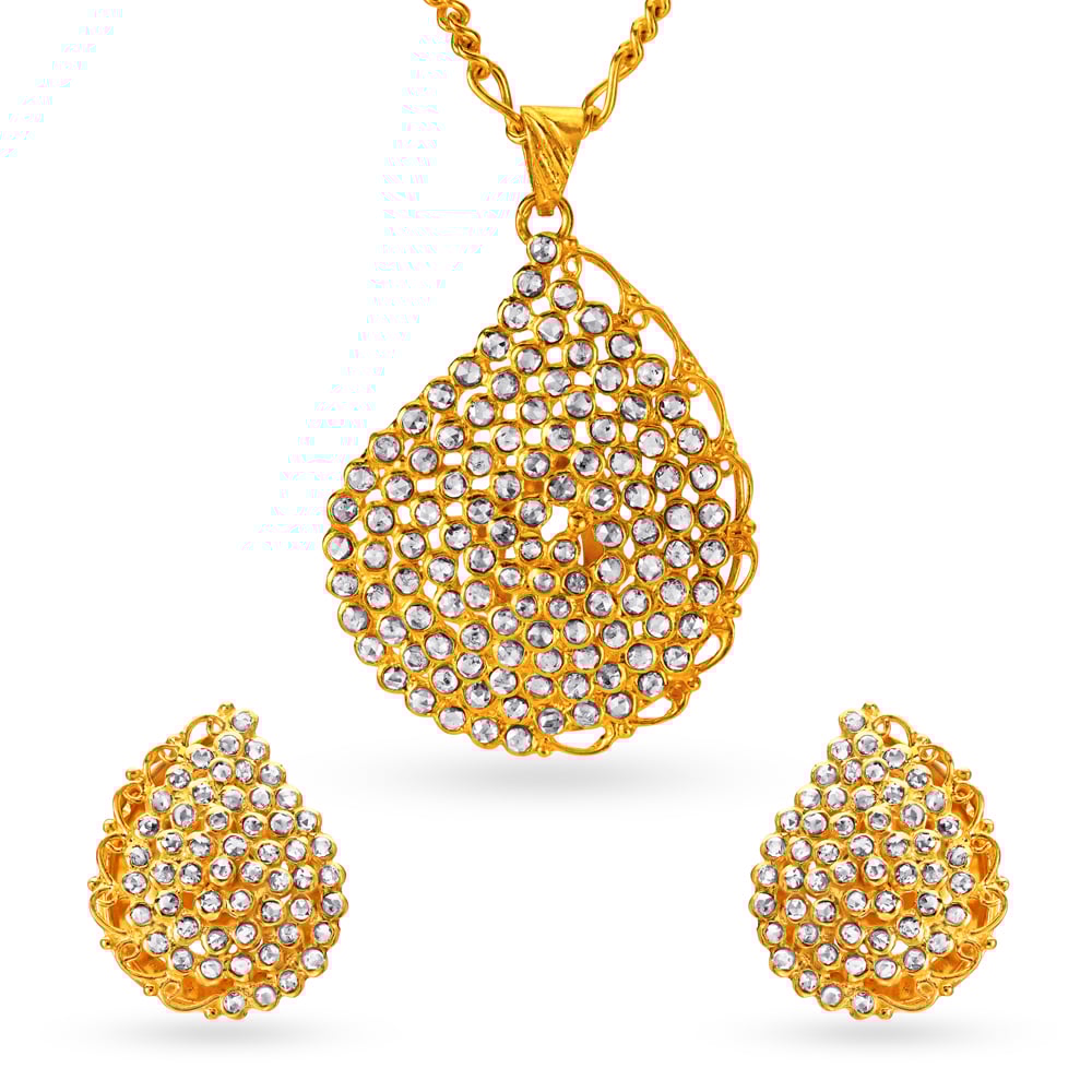

Alluring Contemporary Gold Pendant and Earrings Set with Stones