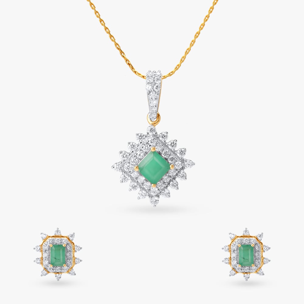 

Vivid Prism Emerald Diamond Pendant and Earrings Set
