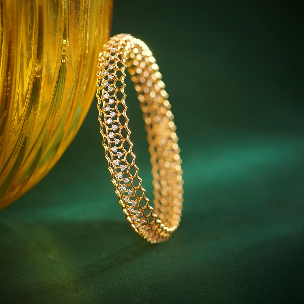 Diamond Studded Open Work Gold and Diamond Bangle,,hi-res image number null