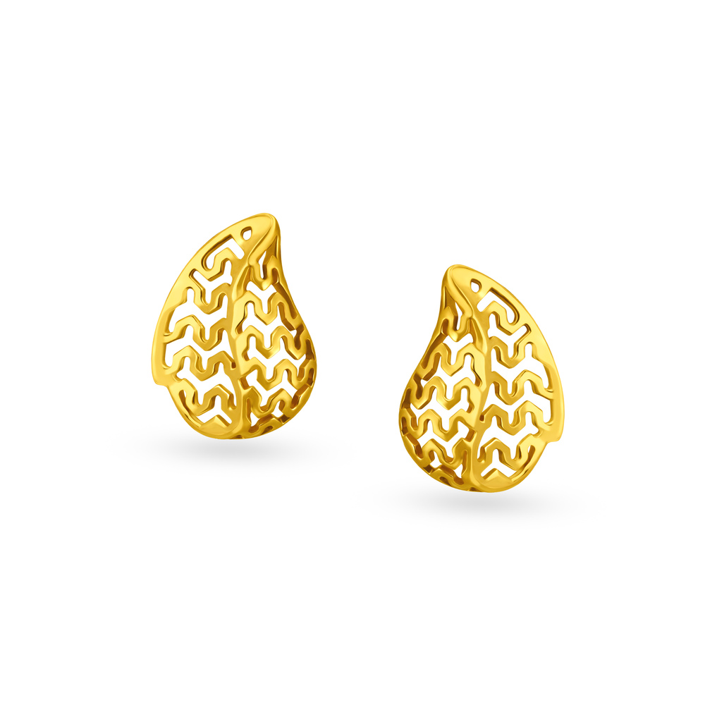 14KT Yellow Gold Stud Earrings With Leaf Design And Openwork
