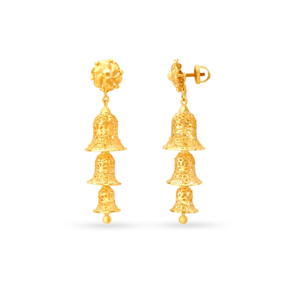 Sumptuous Yellow Gold Floral Tiered Jhumkas,,hi-res image number null