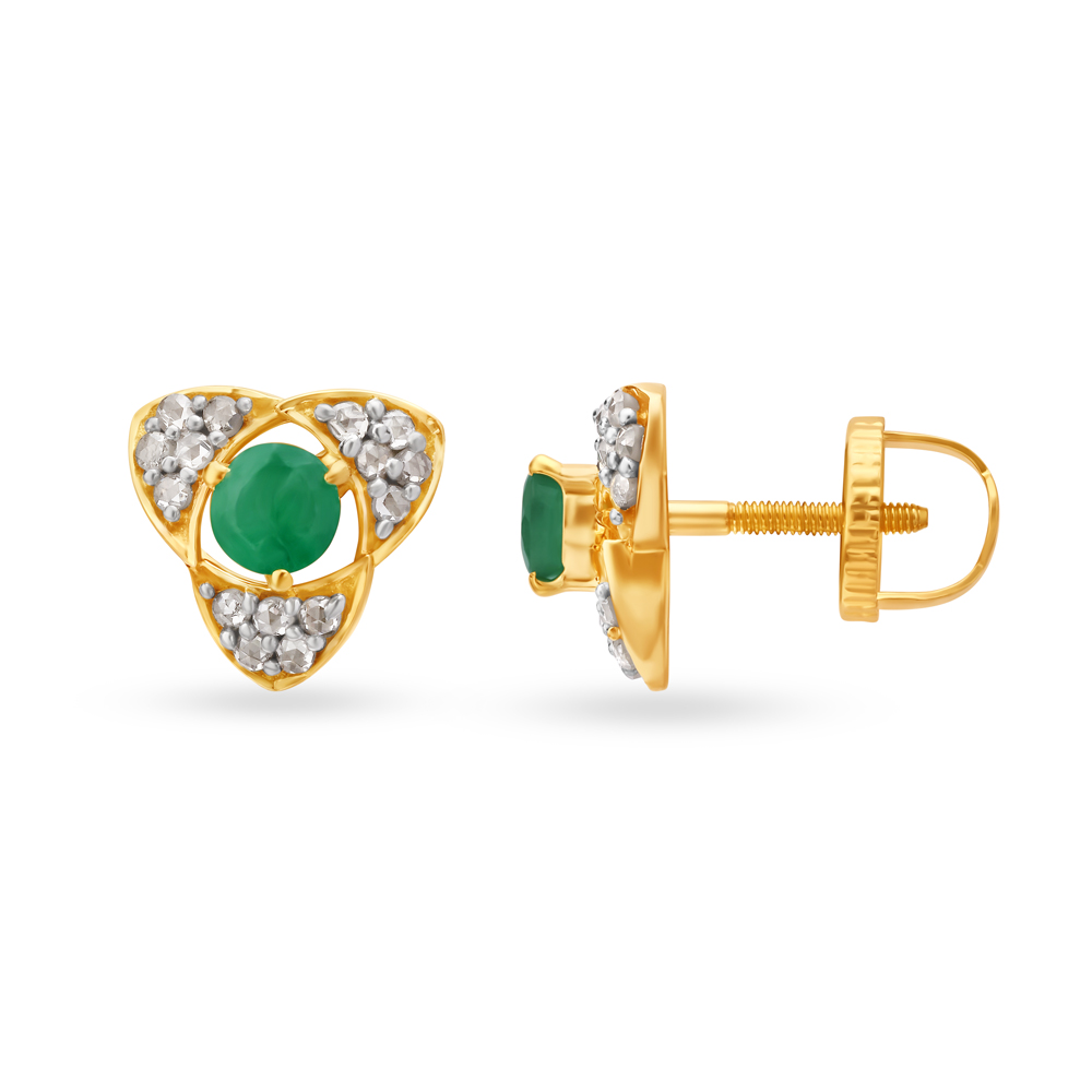 Arresting 18 Karat Yellow Gold And Emerald Triangular Studs,,hi-res image number null