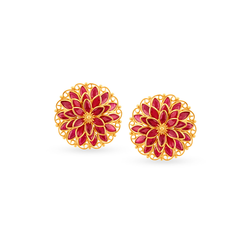 Irresistible 22 Karat Yellow Gold Floral Stud Earrings,,hi-res image number null
