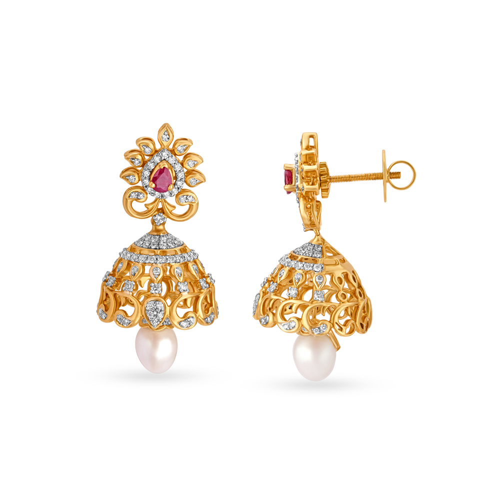 Floral Jhumkas with Ruby, Pearl and Emerald,,hi-res image number null