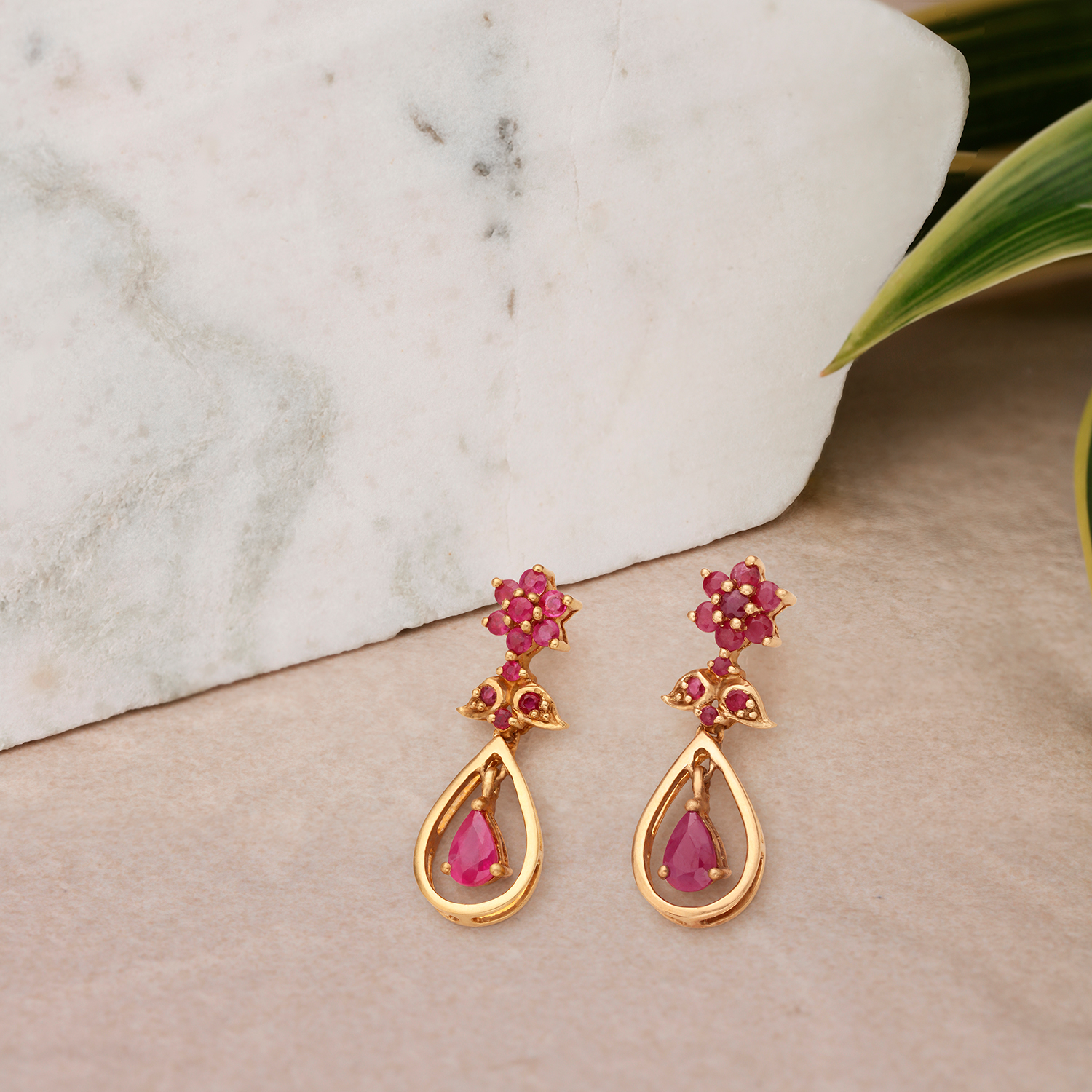 Delightful 18 Karat Gold And Ruby Floral Drop Earrings,,hi-res image number null