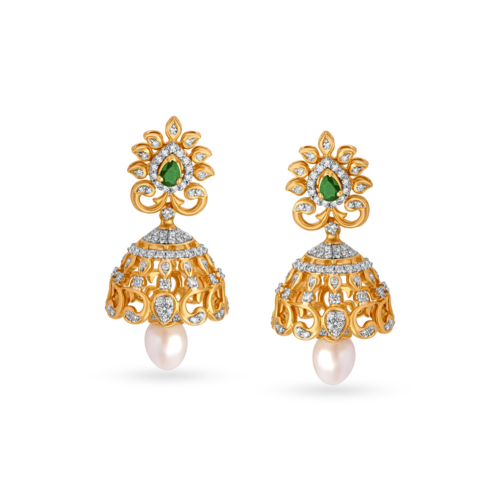 Floral Jhumkas with Ruby, Pearl and Emerald,,hi-res image number null