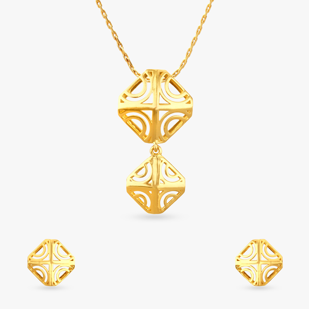 Sculpted Geometry Gold Pendant and Earrings Set,,hi-res image number null