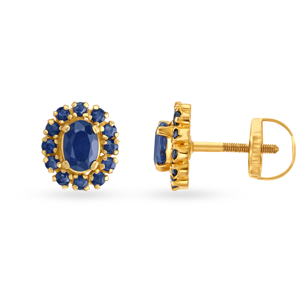 Artistic Vivacious Blue Sapphire Encrusted Gold Stud Earrings,,hi-res image number null