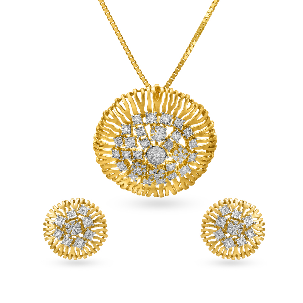 Minimalistic Gleaming Gold and Diamond Pendant and Earrings Set,,hi-res image number null
