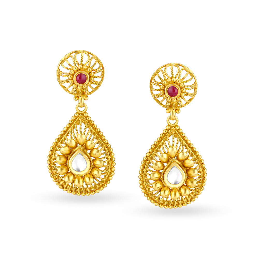 Jali Work Gold Drop Earrings