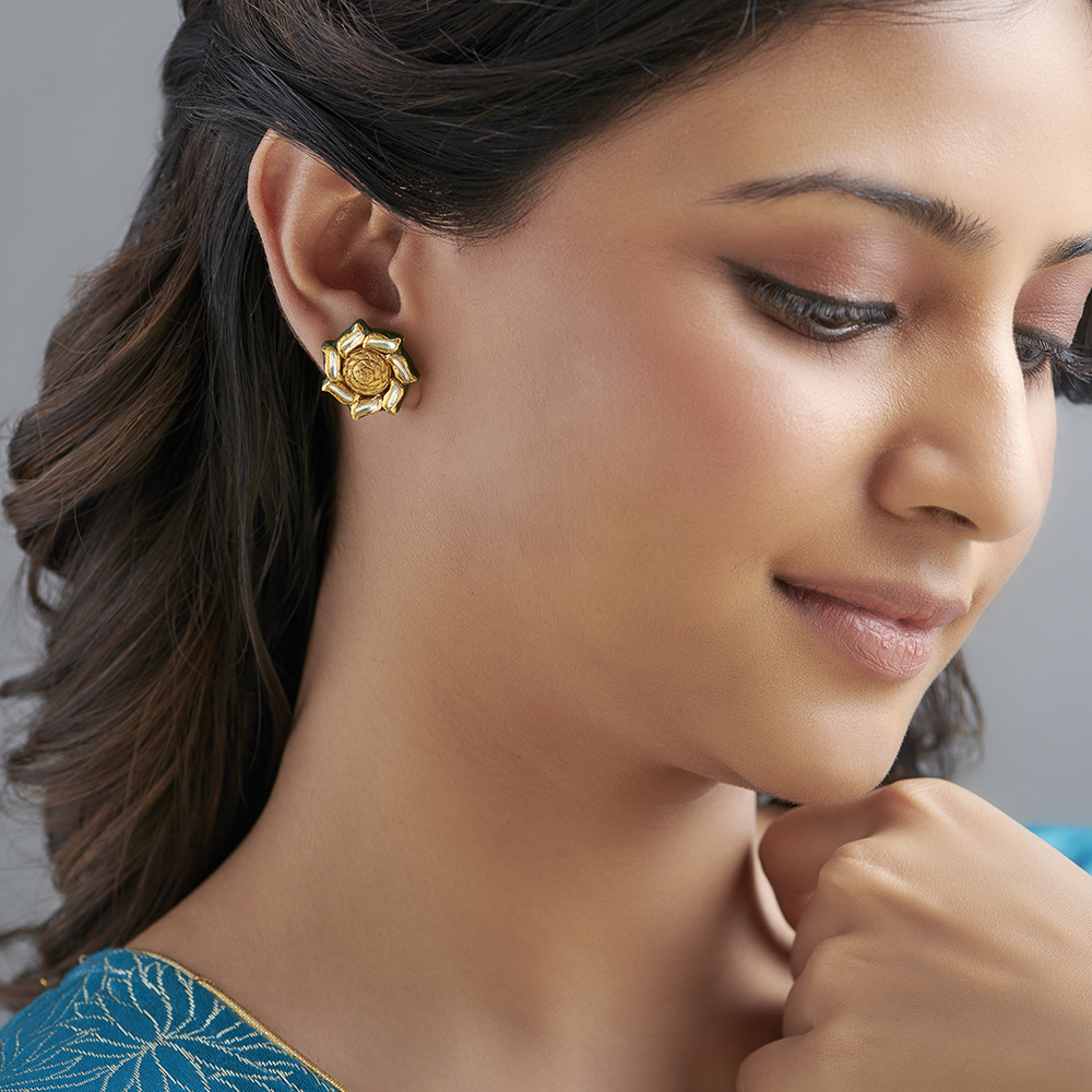 Subtle Floral Gold Stud Earrings with Stones,,hi-res image number null