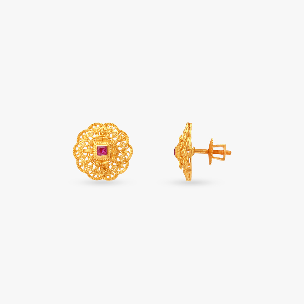 Floral Geometry Gold Pendant with Chain and Earrings Set,,hi-res image number null