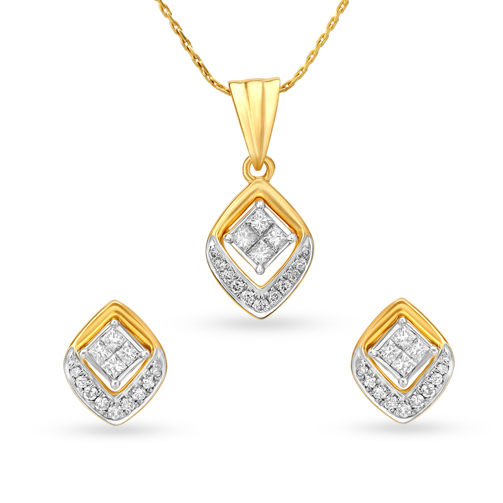 Rhombic Shape Diamond Pendant and Earrings Set