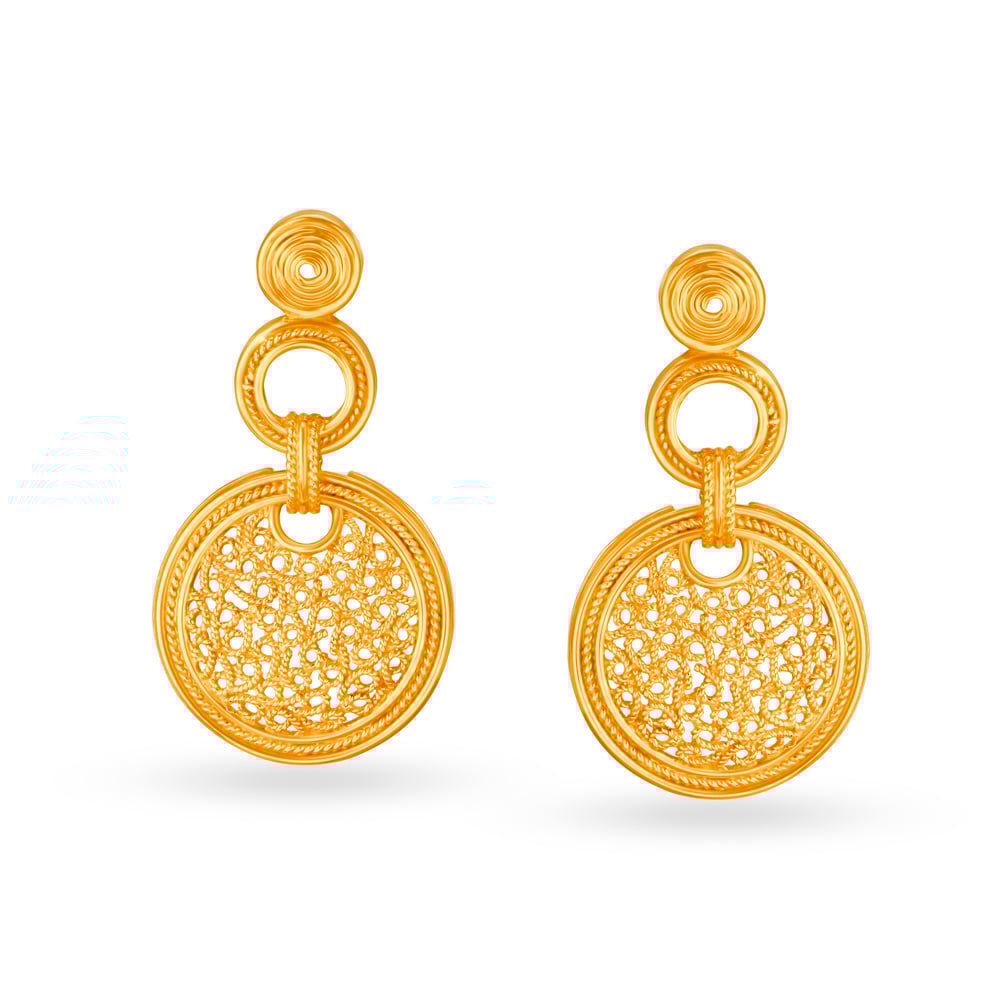 

Fascinating 22 Karat Yellow Gold Filigree Patterned Drop Earrings