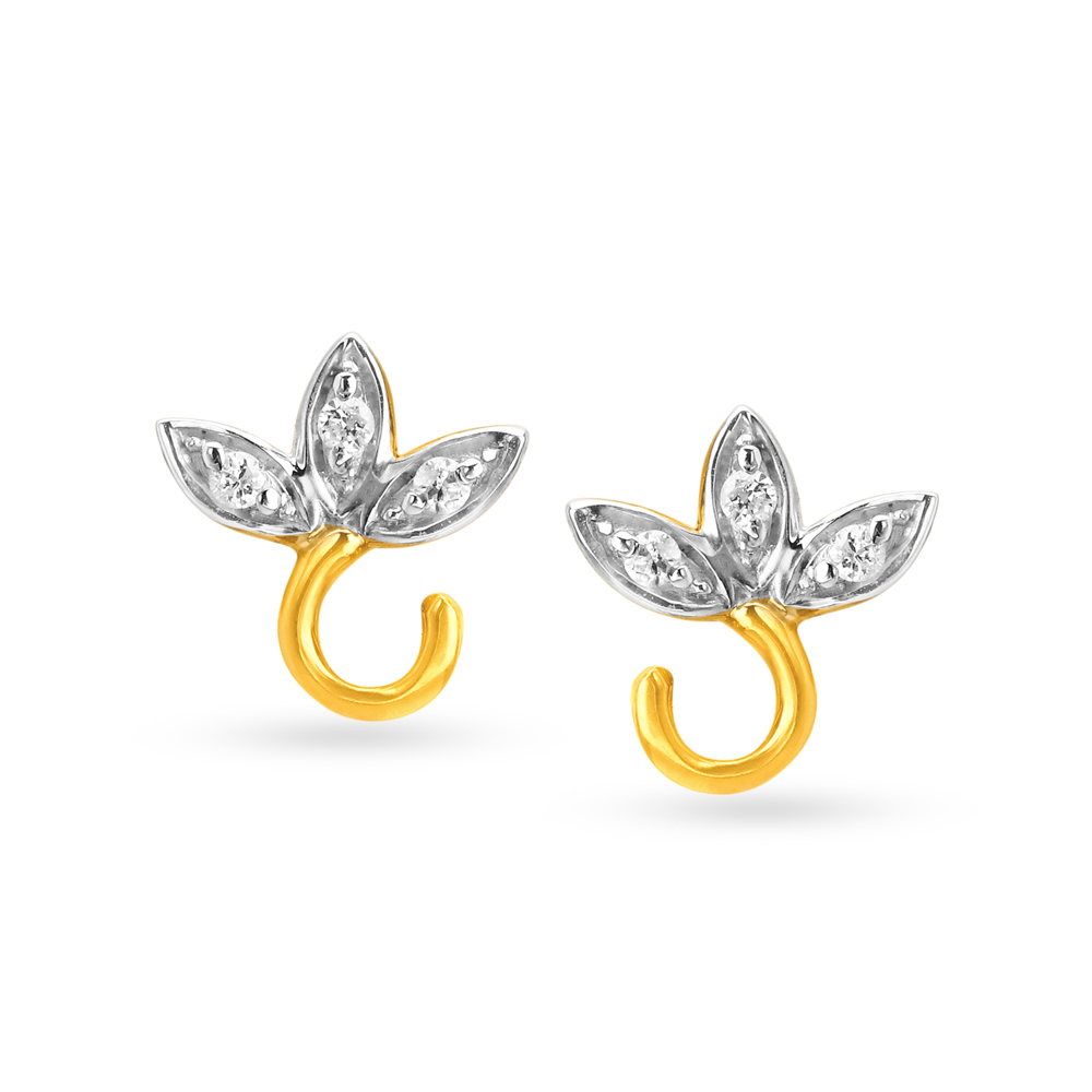 Delightful 18 Karat Yellow Gold And Diamond Studded Leaf Earrings,,hi-res image number null