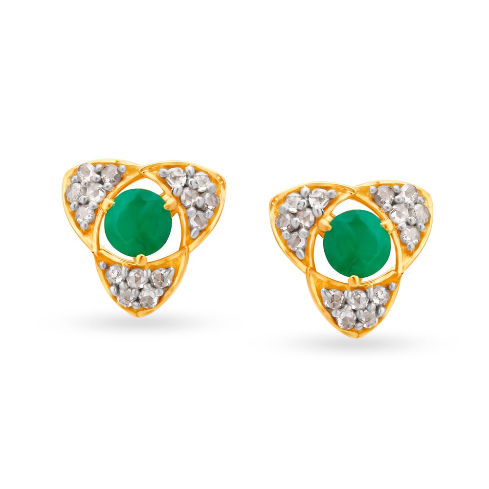 Arresting 18 Karat Yellow Gold And Emerald Triangular Studs,,hi-res image number null
