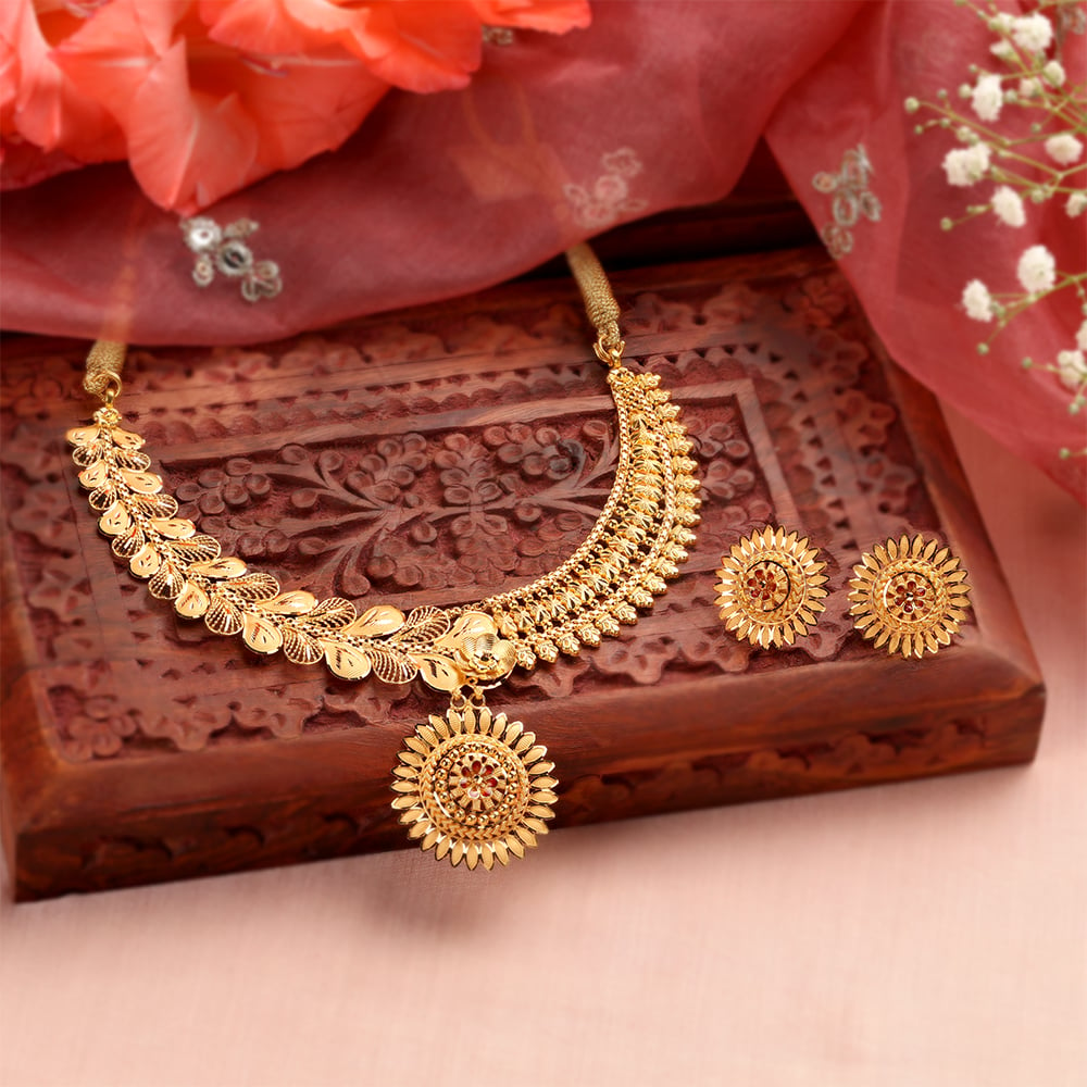 Gold Plated Pink & Green Pota Stone Necklace Set – Look Ethnic