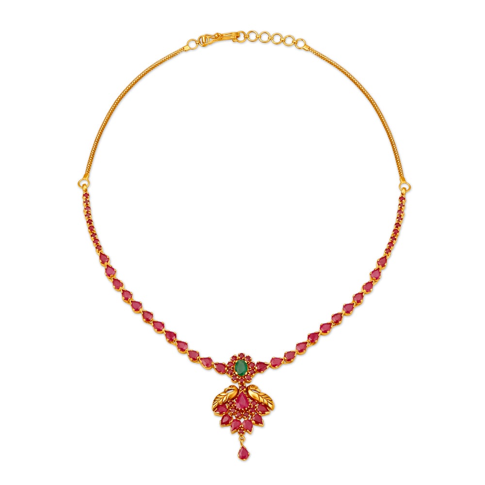 Alluring Peacock Design Emerald And Ruby Gold Necklace,,hi-res image number null
