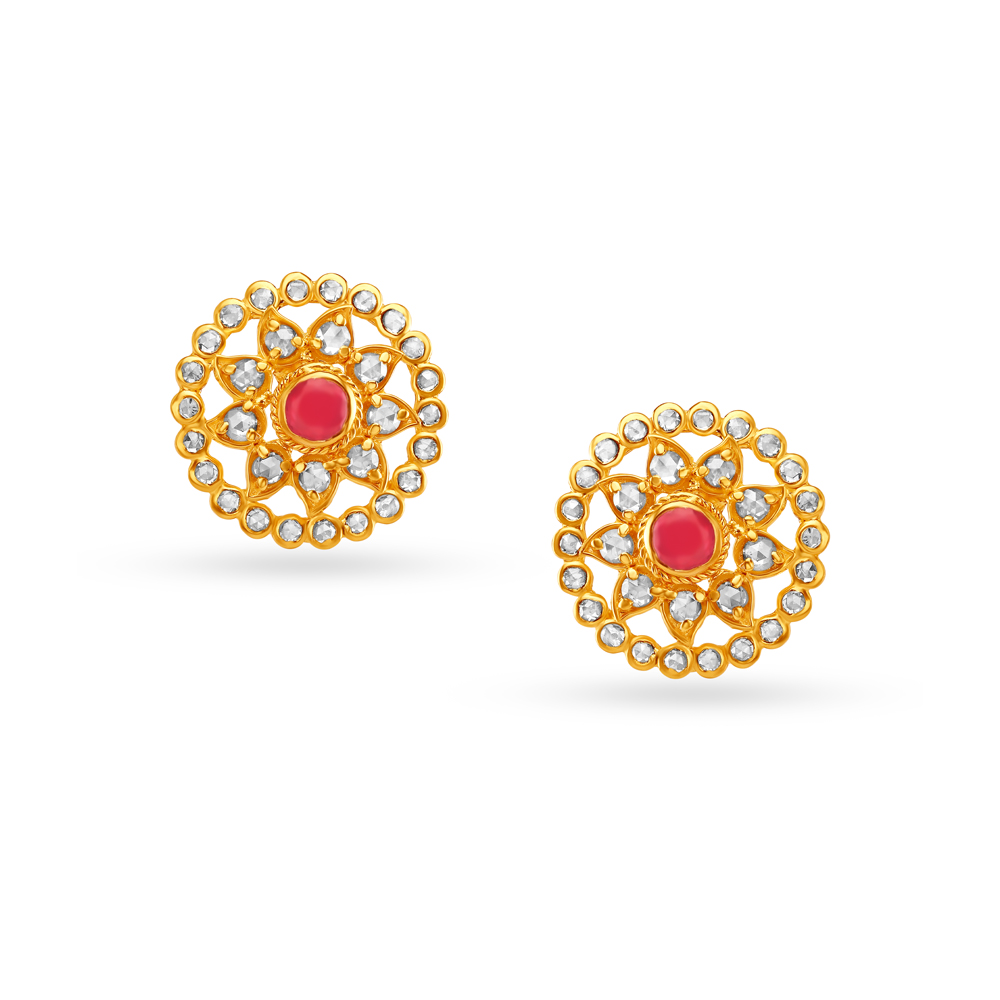 Ruby Studded Sunflower Gold Stud Earrings,,hi-res image number null