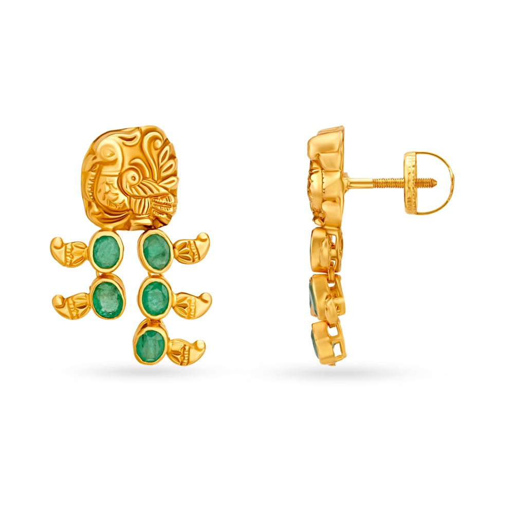 Peacock Motif Emerald Gold Drop Earrings,,hi-res image number null