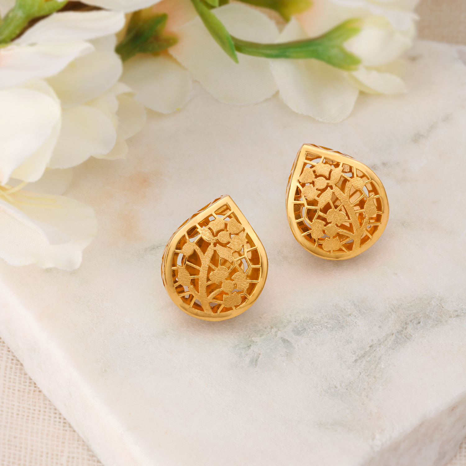 Gleaming Teardrop Shaped Floral Gold Stud Earrings,,hi-res image number null