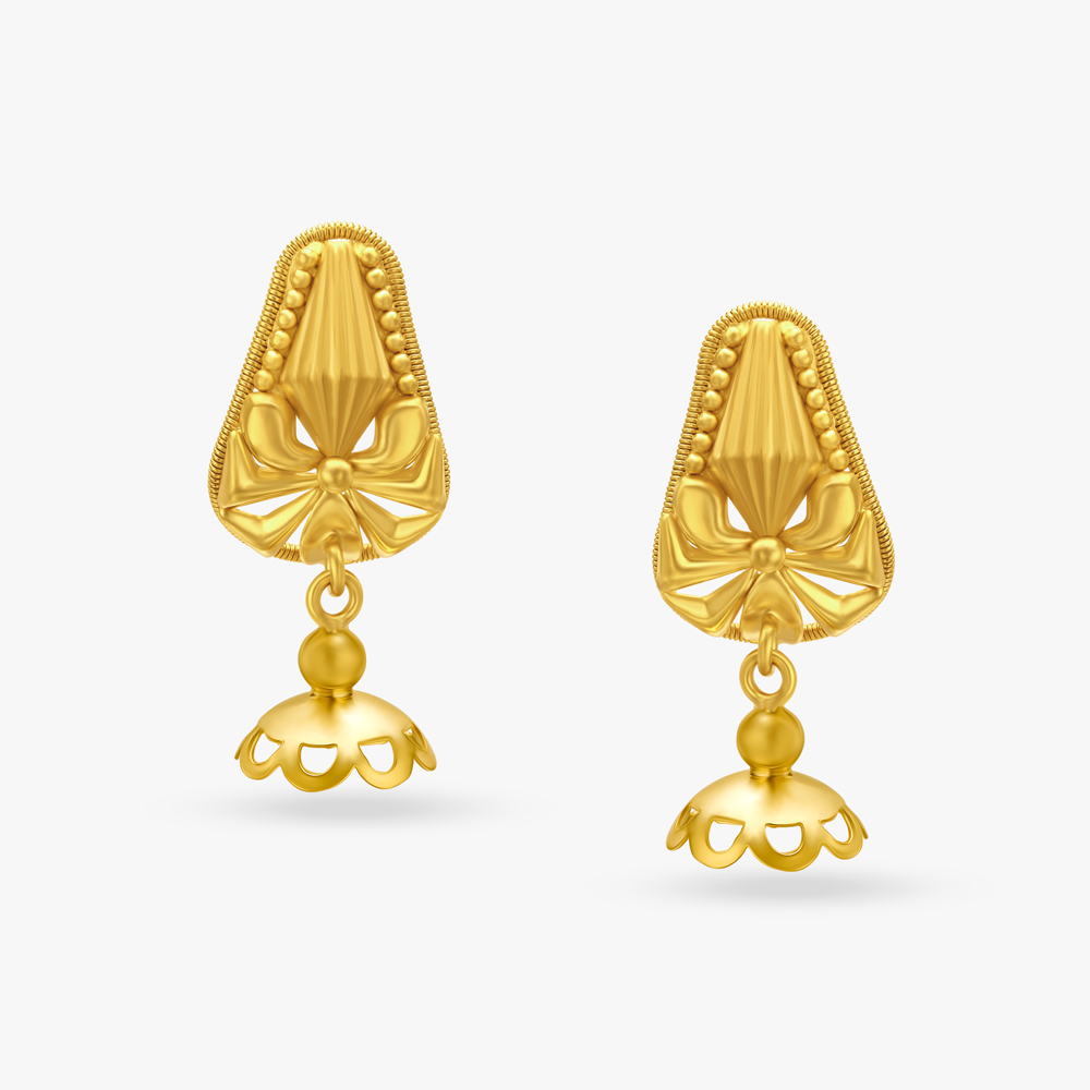 Contemporary Floral Motif Gold Drop Earrings