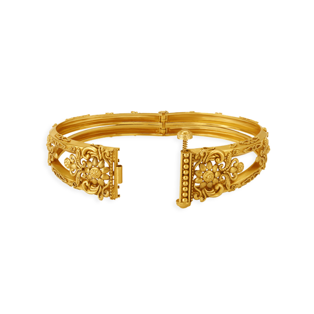 Queenly 22 Karat Yellow Gold Floral Carved Bangle,,hi-res image number null