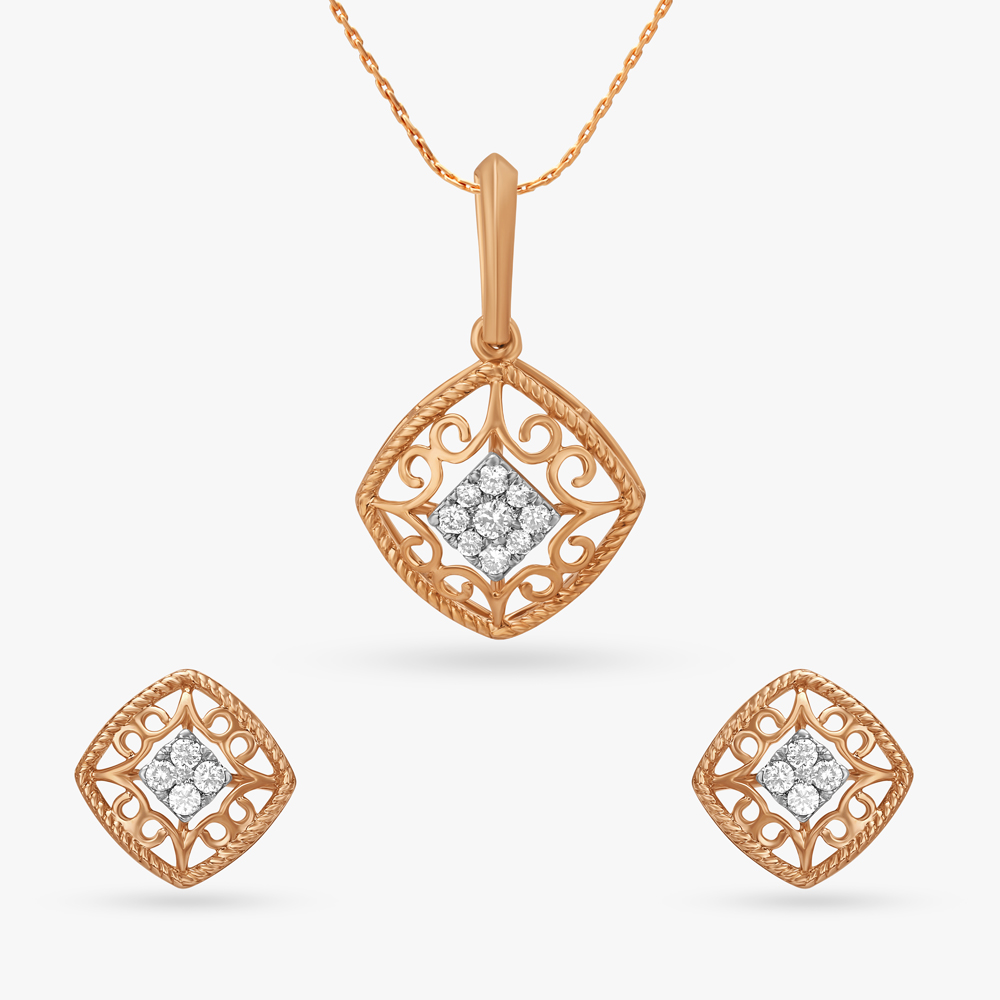 Dainty Filigree Diamond Pendant and Earrings Set
