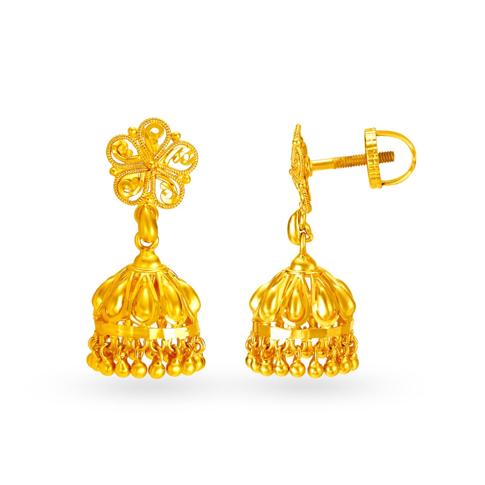 Eye-Pleasing 22 Karat Yellow Gold Flower Jhumka Earrings,,hi-res image number null