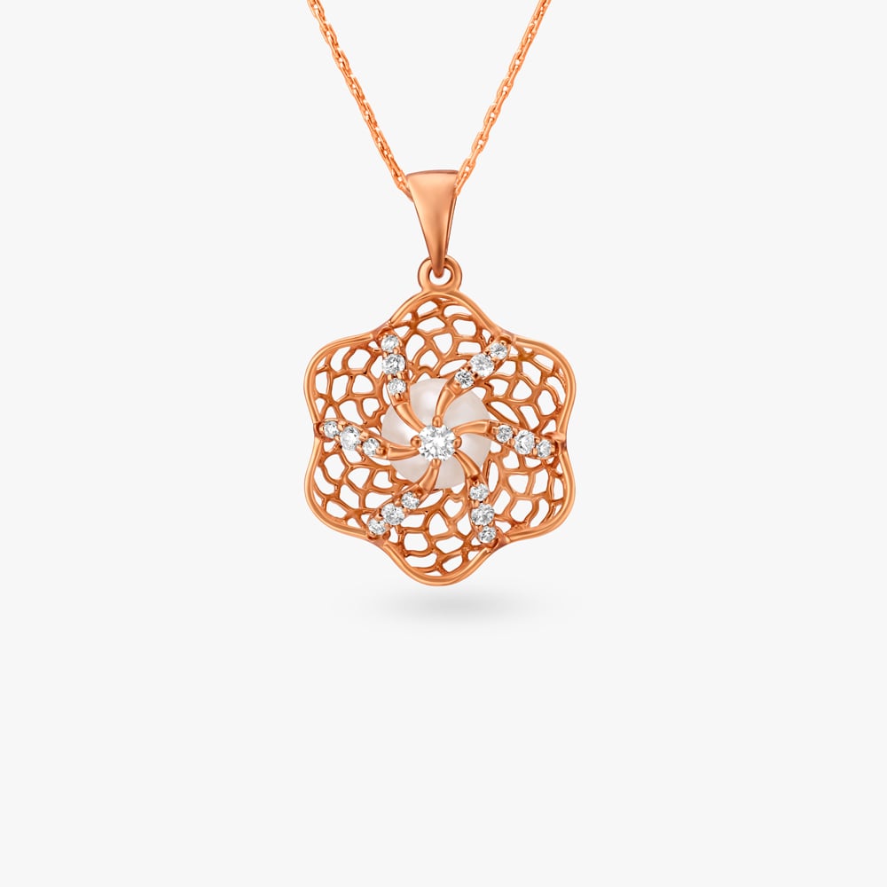 Floral Mesh Pearl and Diamond Pendant,,hi-res image number null