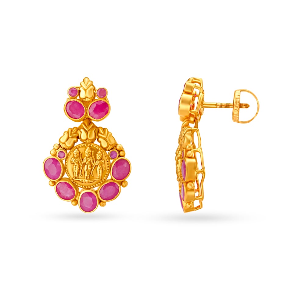Ruby Ram Parivar Motif Gold Drop Earrings,,hi-res image number null