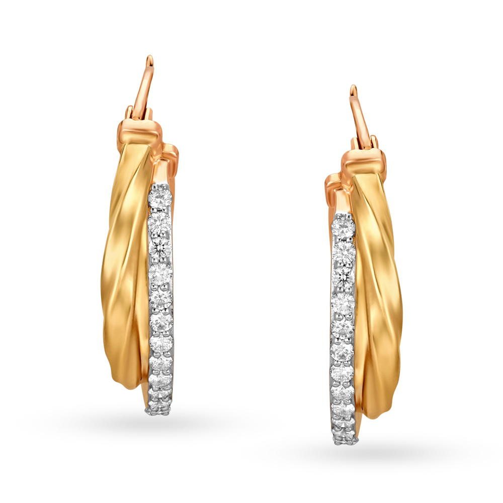 Stylish 18 Karat Yellow And Rose Gold And Diamond Twined Hoops,,hi-res image number null