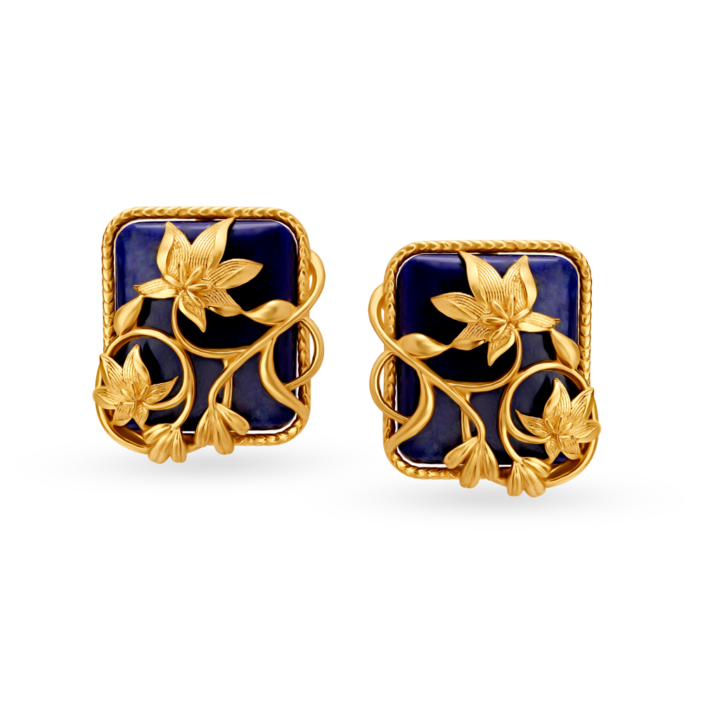 Regal Blue Floral Gold Stud Earrings