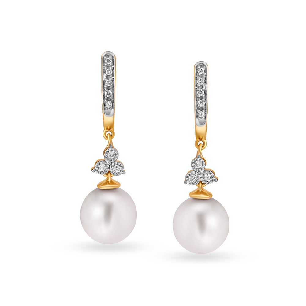 Elegant Floral Diamond and Pearls Drop Earrings