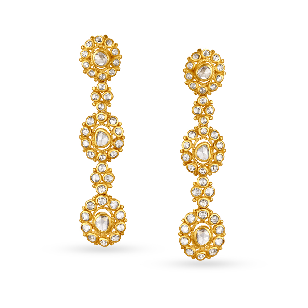 Graceful 22 Karat Yellow Gold Long Floral Drop Earrings