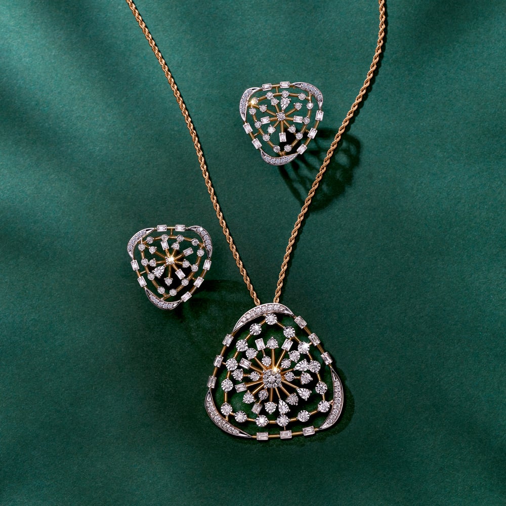 Floral Diamond Pendant Earrings Set