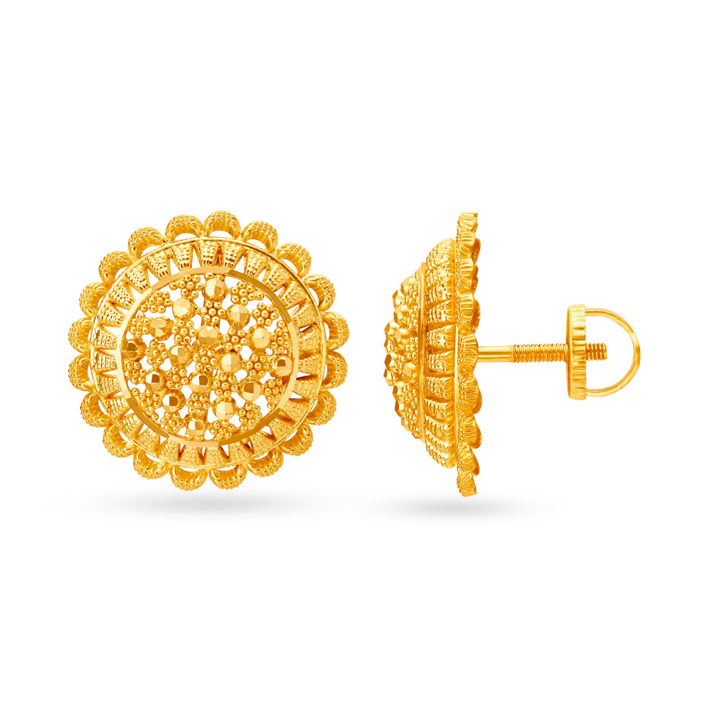 Charming Gold Stud Earrings with Filigree and Rawa Work,,hi-res image number null