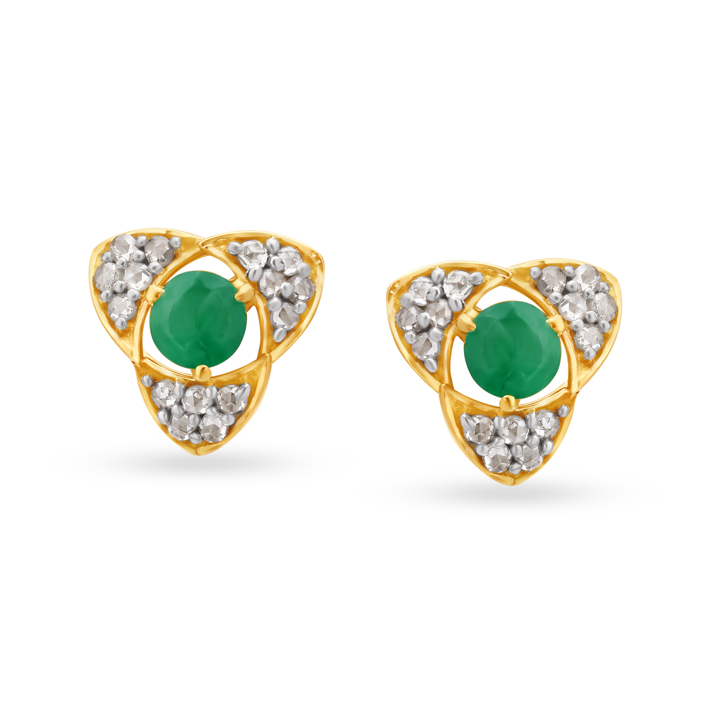 Arresting 18 Karat Yellow Gold And Emerald Triangular Studs,,hi-res image number null
