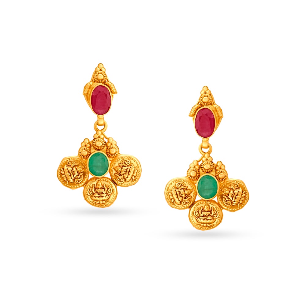 Emerald And Ruby Lakshmi Motif Gold Drop Earrings