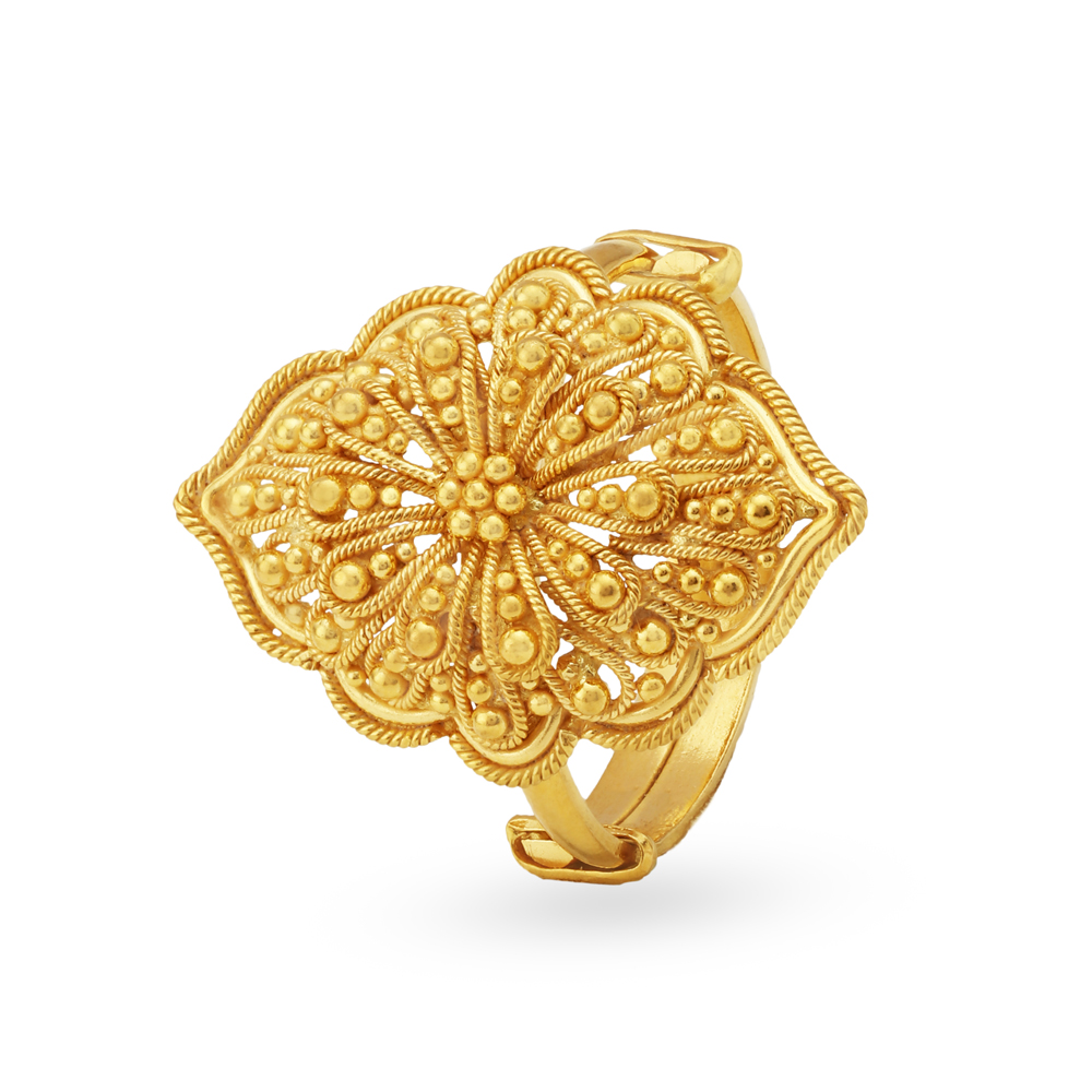 Floral Gold Burfi Ring with Opulent Rava Work,,hi-res image number null