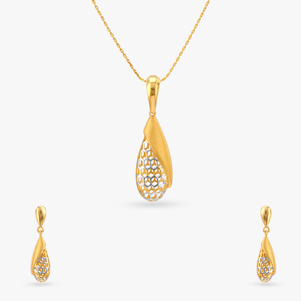 Bloom Honeycomb Gold Pendant and Earrings Set,,hi-res image number null